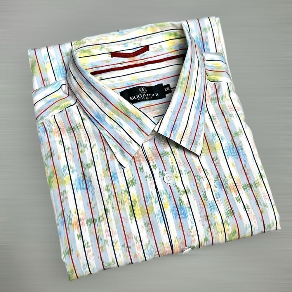 Bugatchi Uomo Cotton Shirt Button Down Striped White Multicolor Long Sleeve XXL